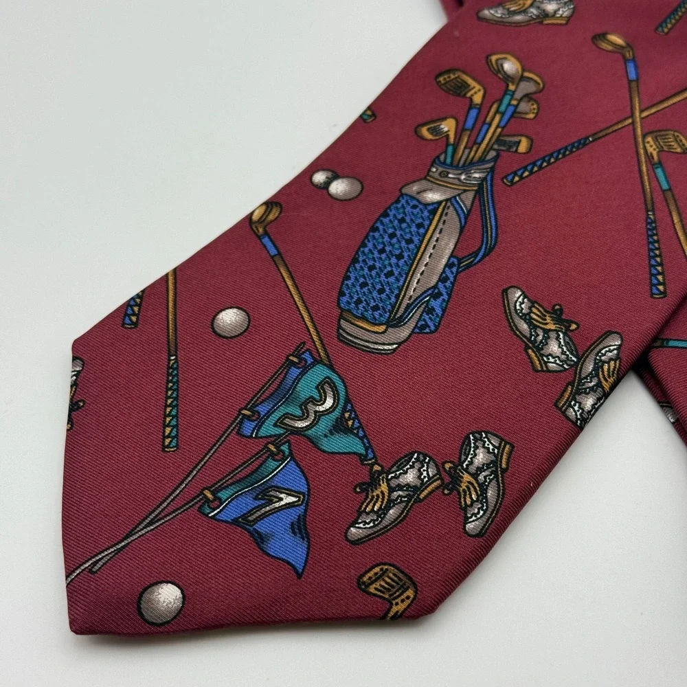 Rooster Mens Silk Tie Burgundy Golf Clubs Bags Shoes Novelty‎ Print Made in USA